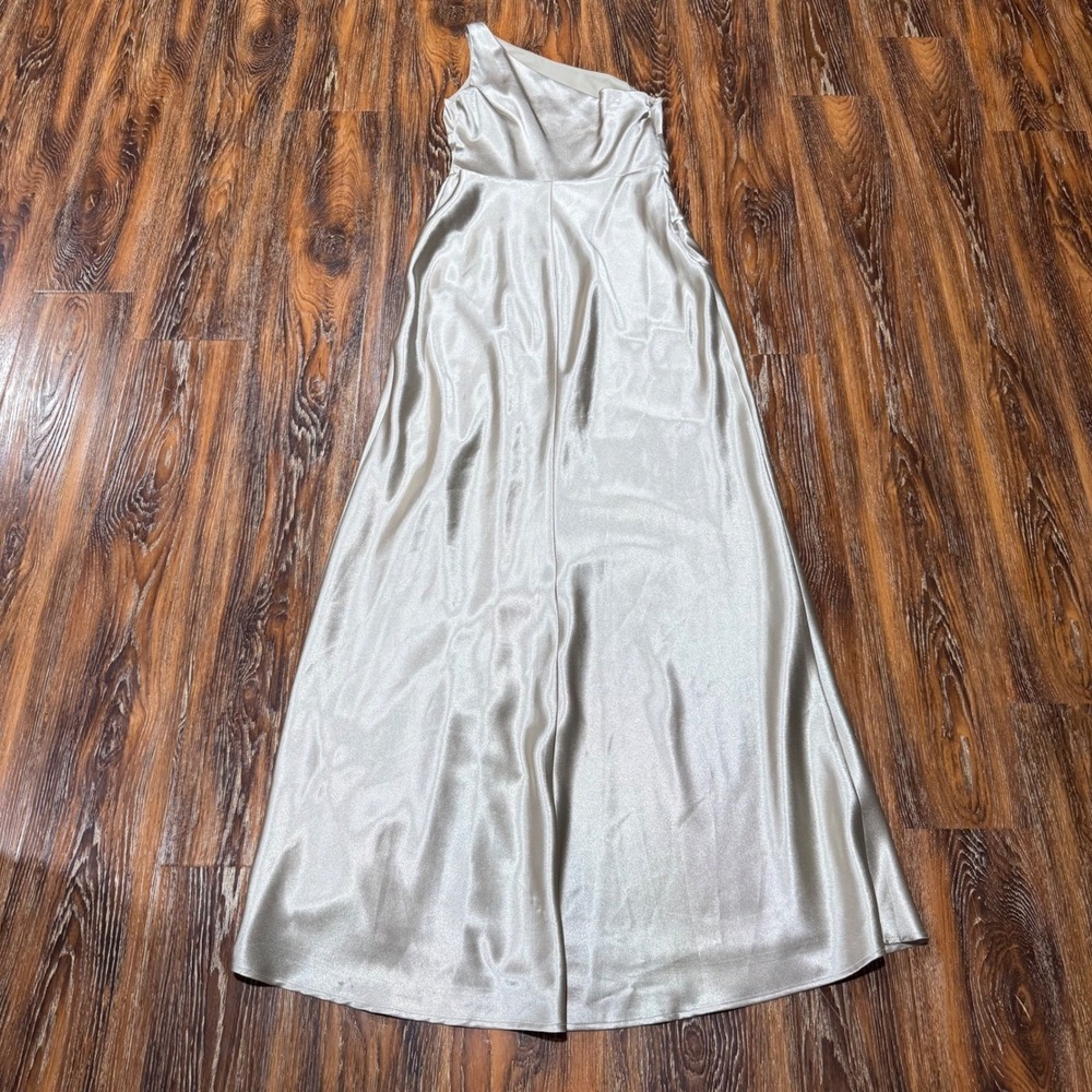 Birdy Grey One Shoulder Satin Maxi Dress‎ Champagne Silver Size S Formal Gown